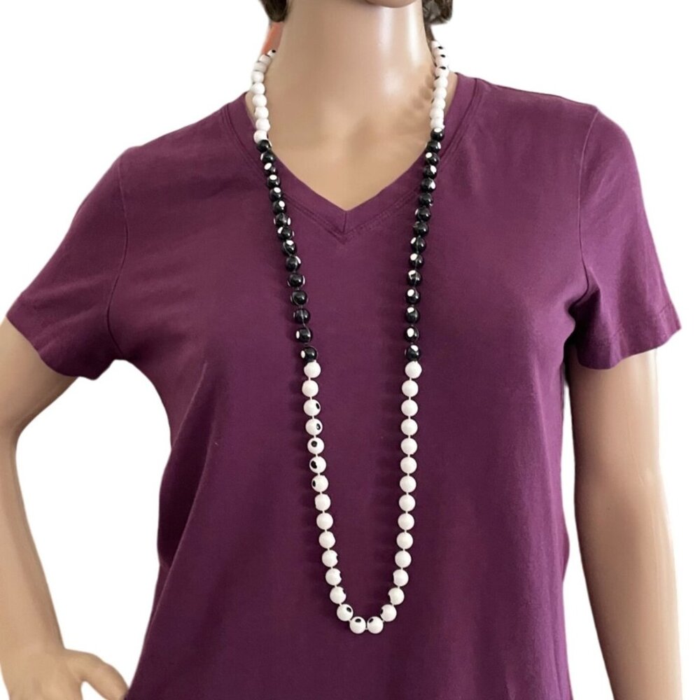 Long Black White Beaded Necklace Vintage Style Remeniscent of Black Eyed Peas